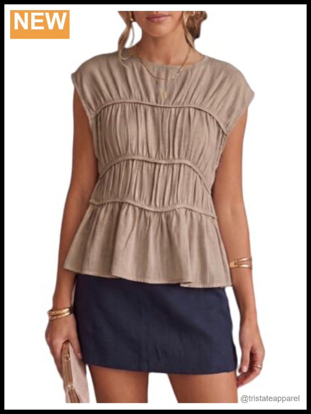 Women's Smocked Peplum Babydoll Top with Boat Neck, Short Sleeve, Linen Cotton